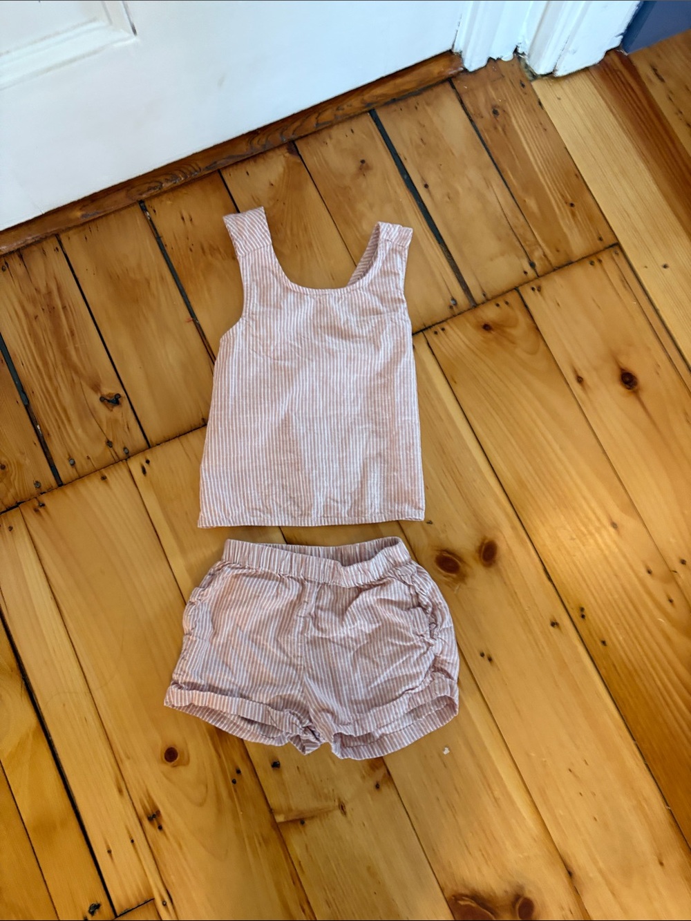 Hanna Andersson Pink & White Narrow Stripe Tank and Shorts Set 5T